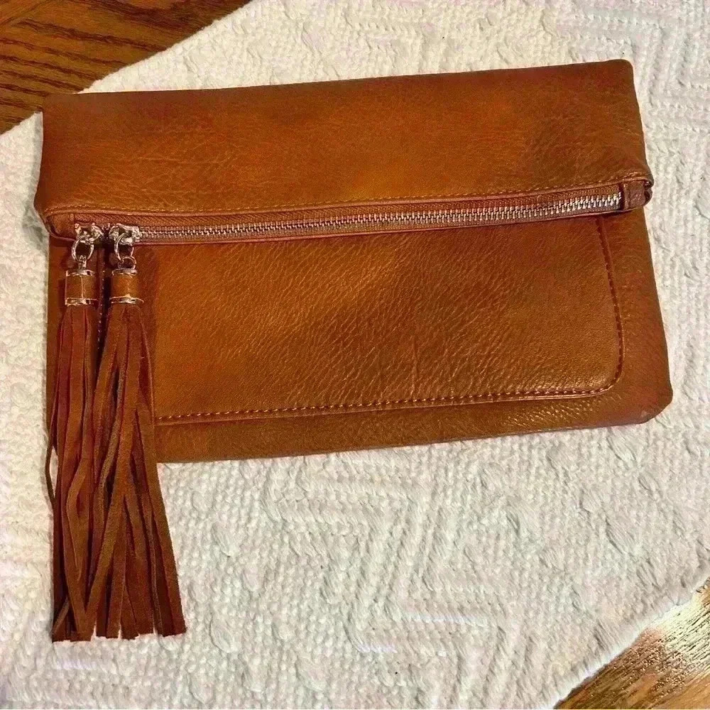 Moda Luxe | Cognac Faux Leather Clutch with Tassles